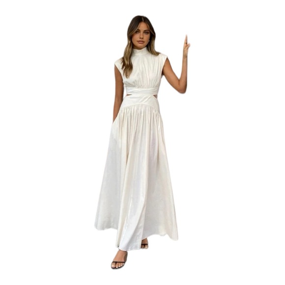 Commense Summer Casual Cap Sleeve Mock Neck Cut Out Long Dress In White Size L - Picture 2 of 13